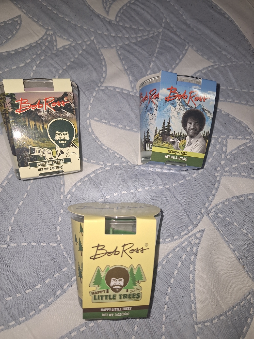 Bob Ross Scented Candle Trio – Green and Blue Packaging